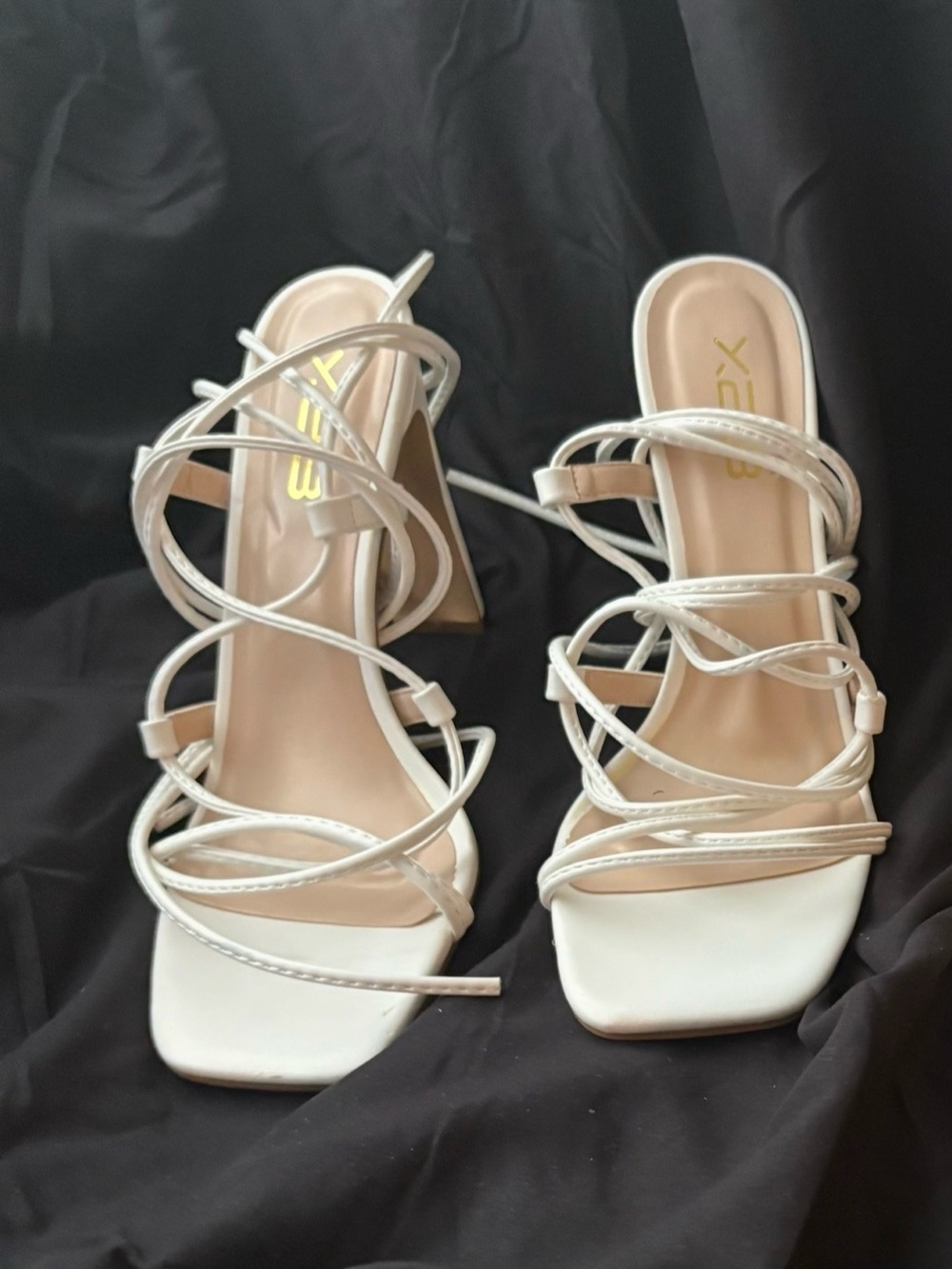 XREB White Strappy Square-Toe Heeled Sandals